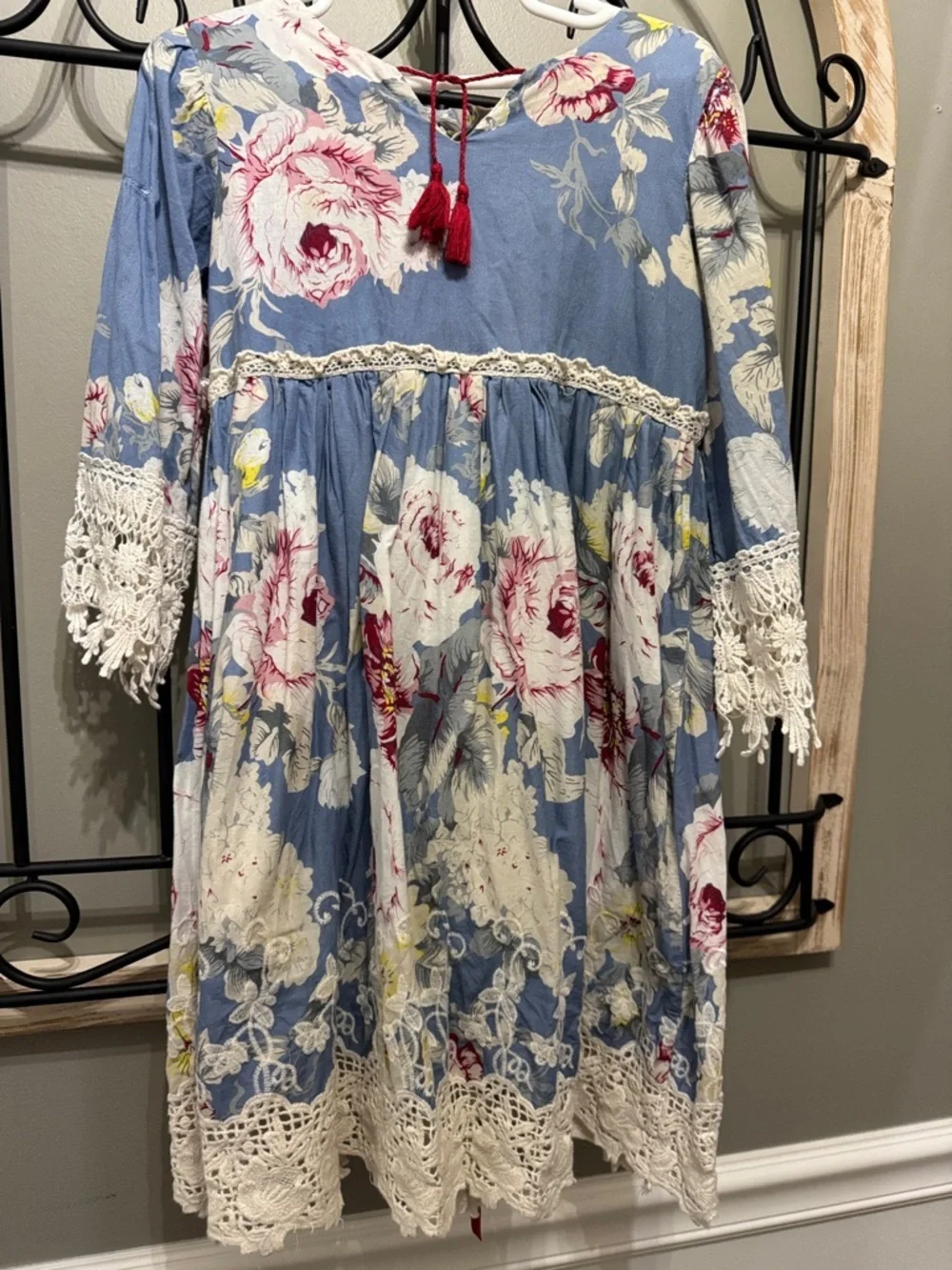 Girls Floral Lace-Trim Dress in Dusty Blue 7